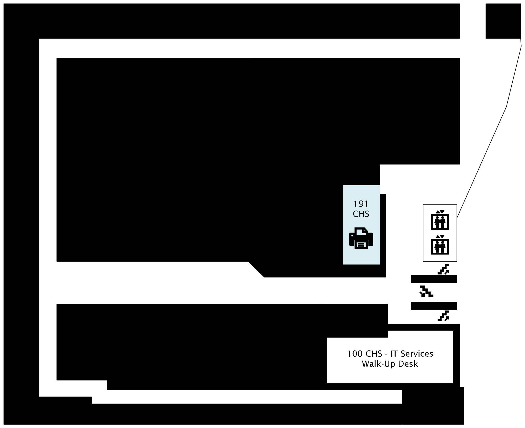 A map of the first floor of the Cook-DeVos Center for Health Sciences indicating a printer with print, copy, and scanning capabilities is available in CHS 191